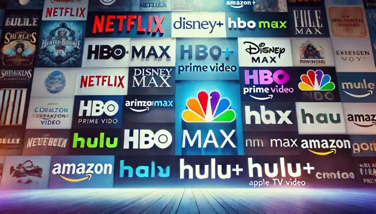 DALL·E 2024 12 05 18.45.19 A visually appealing wide collage featuring logos of popular streaming platforms like Netflix Disney HBO Max Amazon Prime Video Hulu and Apple T